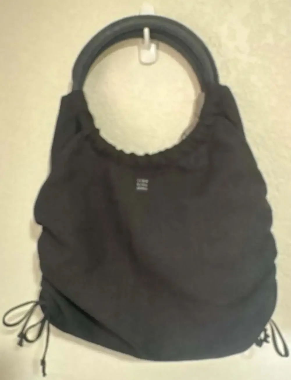 1154 LILL STUDIO Black Textured Hobo Handbag with Ring Handle and Drawstring Sid